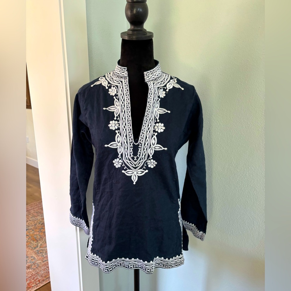 J. Crew embroidered linen tunic navy and white size XS